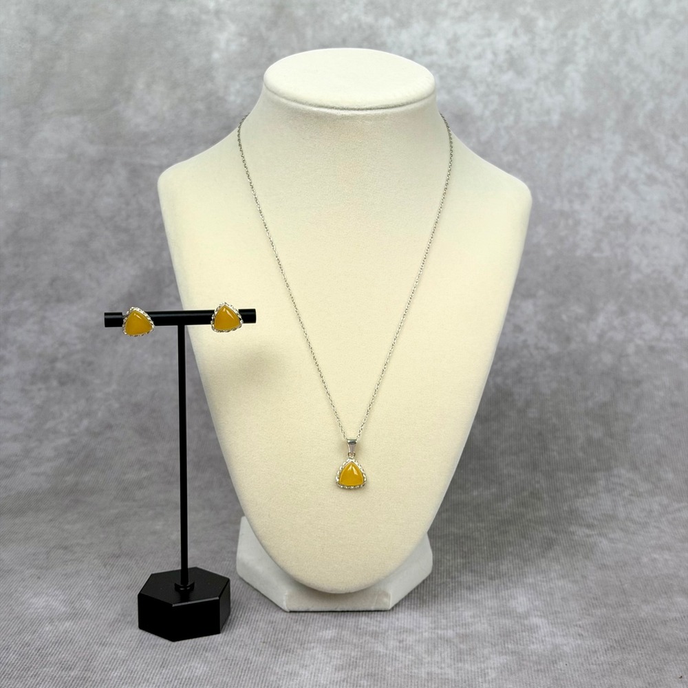 Yellow Jade Triangle Pendant Necklace and Stud Earrings Set Sterling Silver 18"